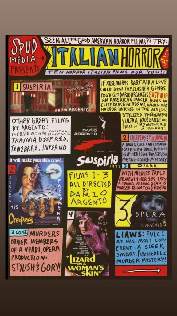 Ten Horror Italian Films for you!
Suspira, Creepers, Opera, Lizard in a Woman's Skin, Della Morte Dellamore, Bloody Bird, Torso, The House by the Cememtery, Demons, Demons 2